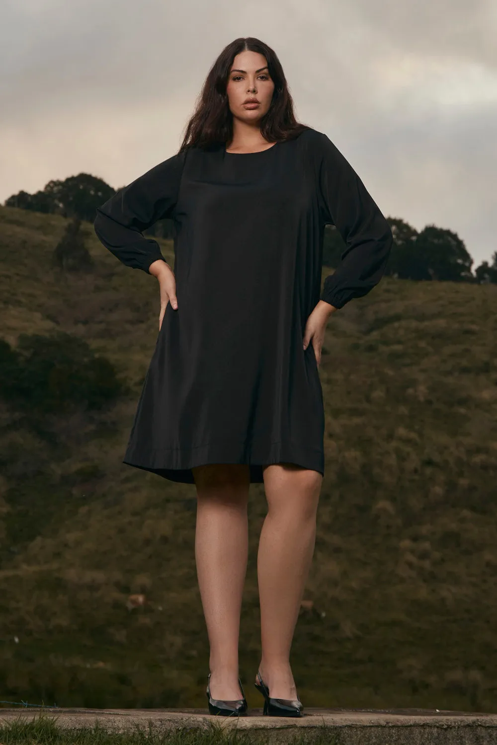 Hazel Long Sleeve Short Dress in Black Durable Construction MoistureControlClothing