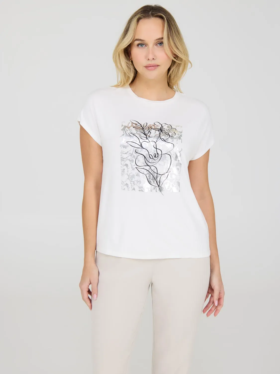 Foil Floral Print Graphic T-Shirt Reflective Safety Accents