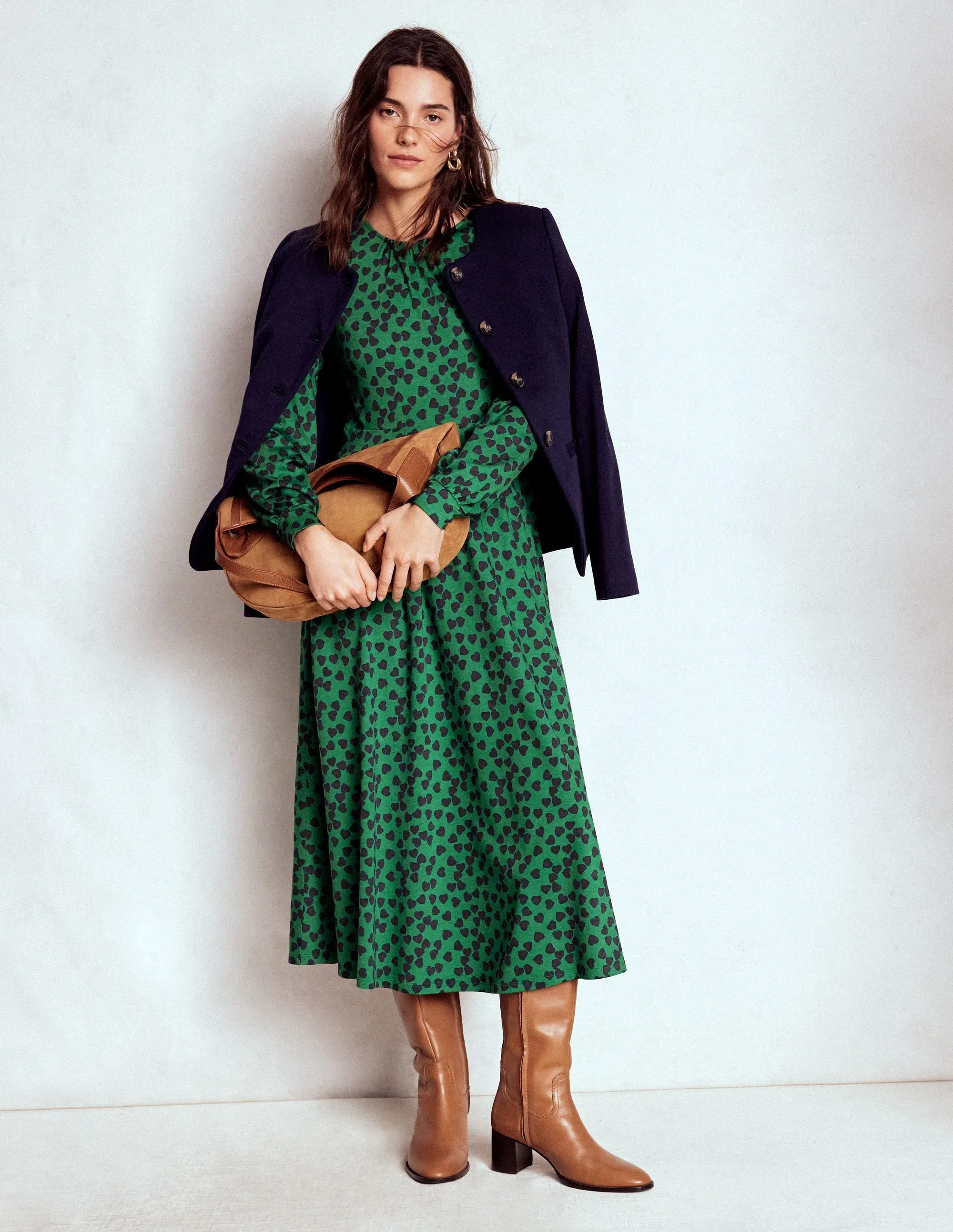 Alexandra Jersey Midi Dress-French Navy, Heart Cascade Effortless Style Soft Rebellion