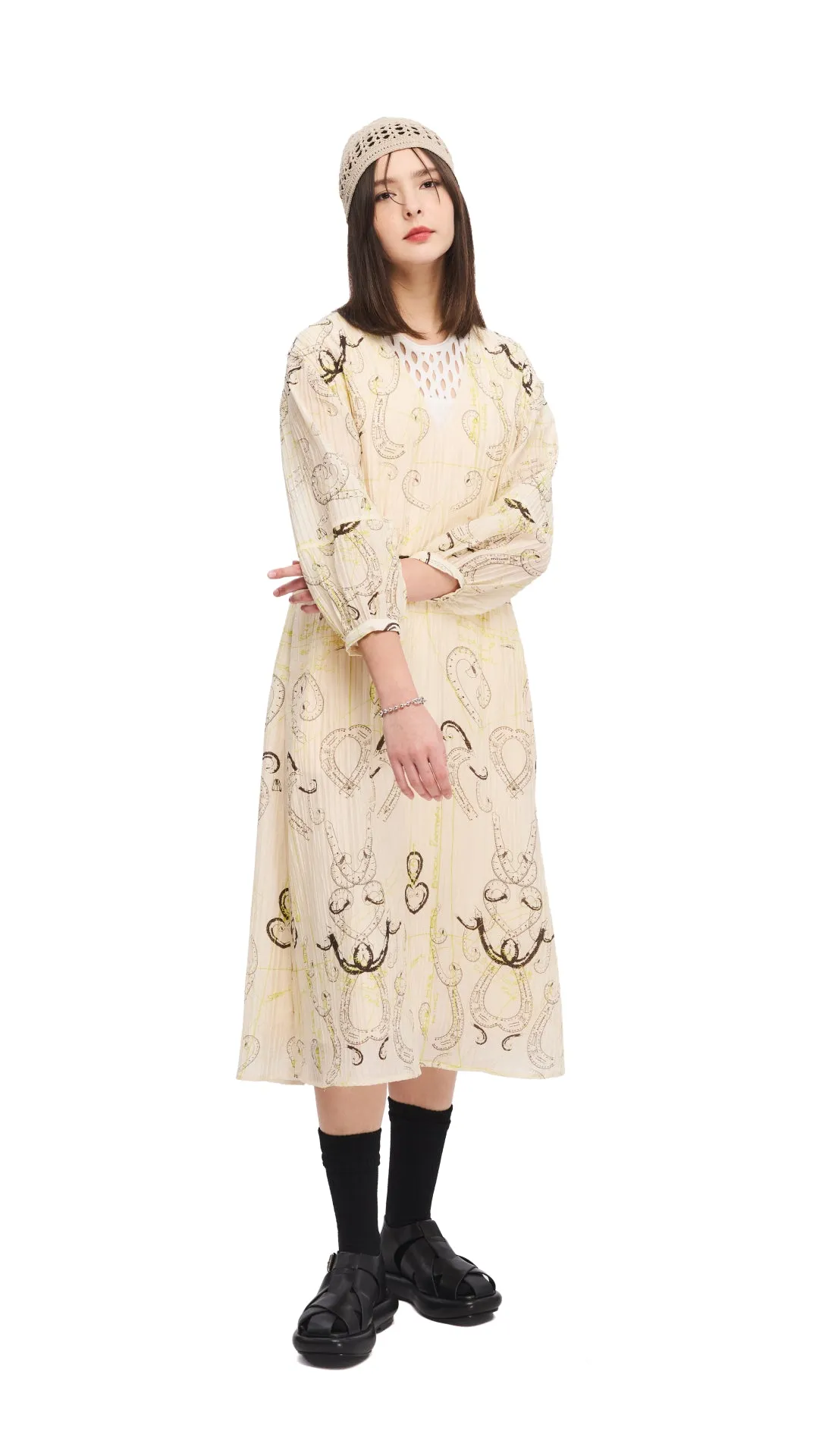 MultiPocket French Curve Ruler Print Puff-Sleeves Dress