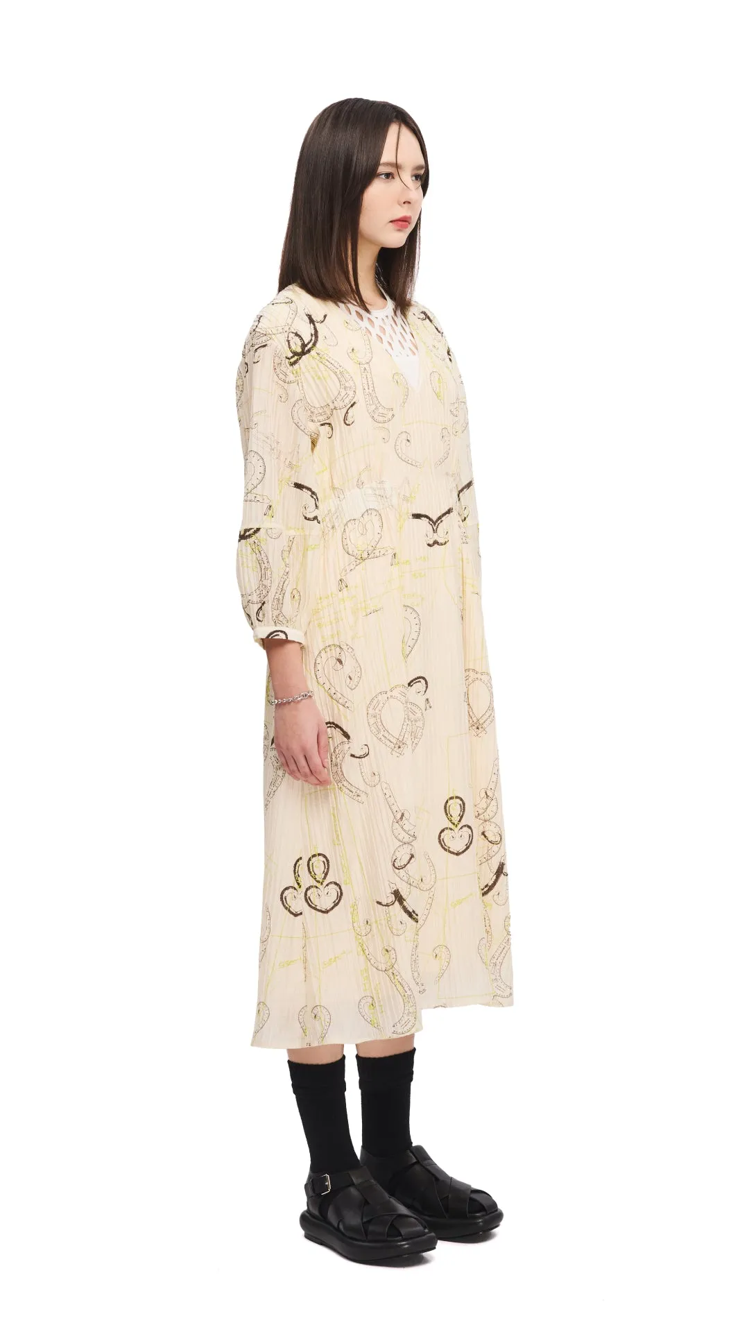 Ocean Air French Curve Ruler Print Puff-Sleeves Dress