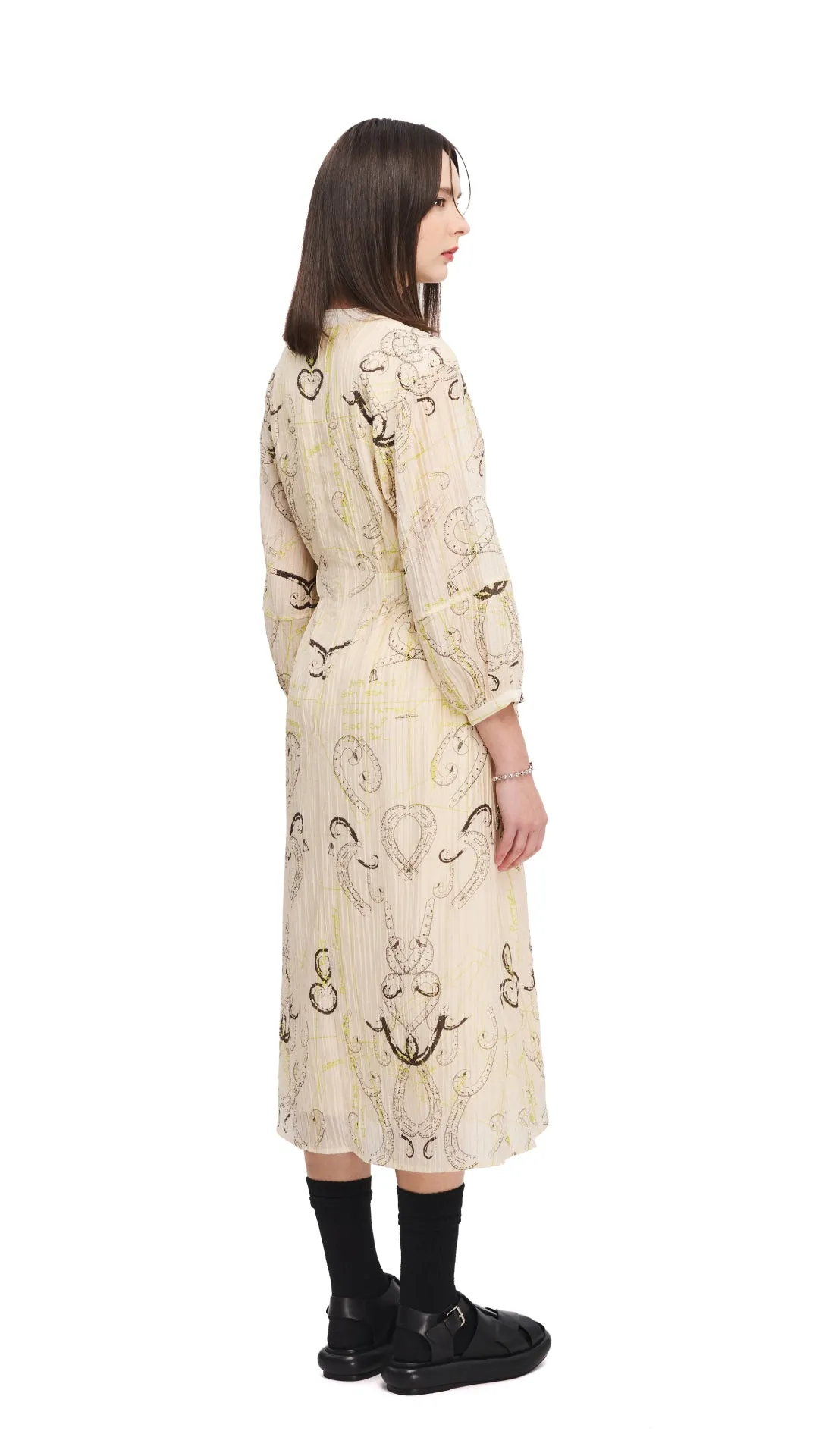 French Curve Ruler Print Puff-Sleeves Dress NonSlipTrim