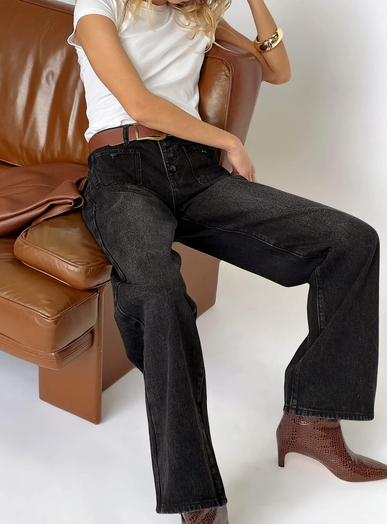 No Fuss Wear Carianne Low Rise Wide Leg Jeans Washed Black