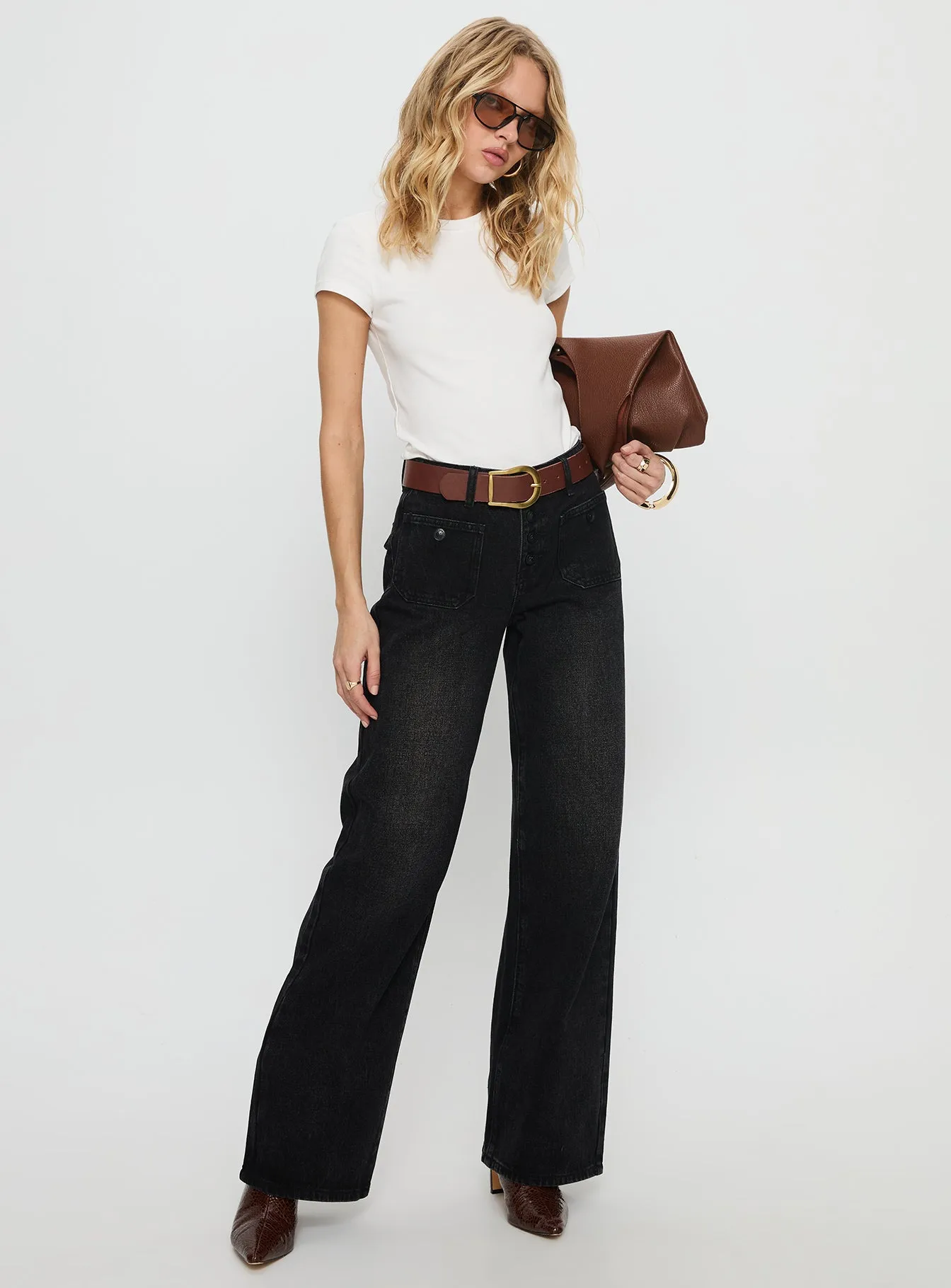 Carianne Low Rise Wide Leg Jeans Washed Black Ultra Basic