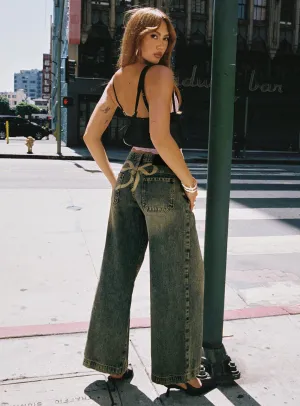 Ribbon Stamp Low Rise Wide Leg Jeans Antique Wash All-Purpose Use Streetwear Fan Minimalist Style