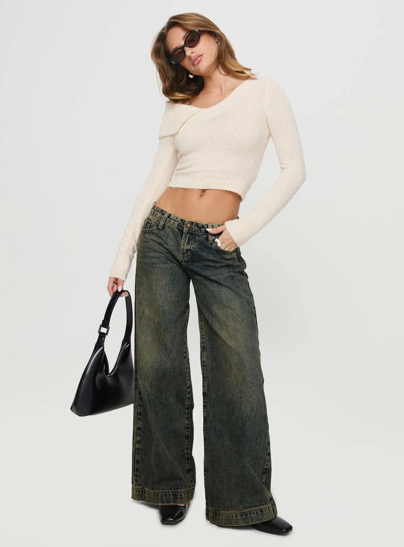 Ribbon Stamp Low Rise Wide Leg Jeans Antique Wash Comfort Wear
