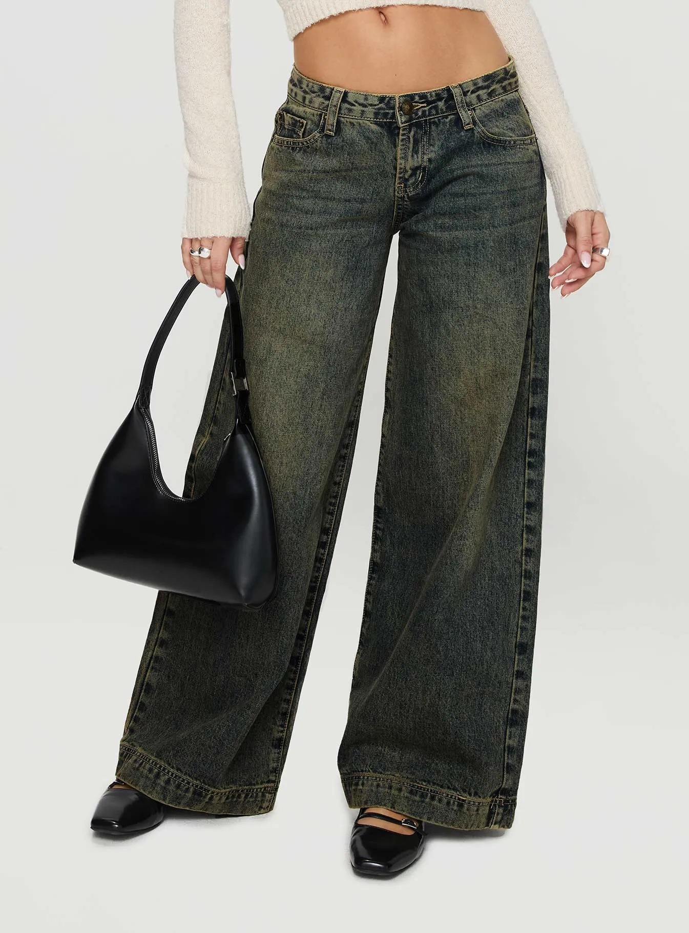 Ribbon Stamp Low Rise Wide Leg Jeans Antique Wash Neutral Loose