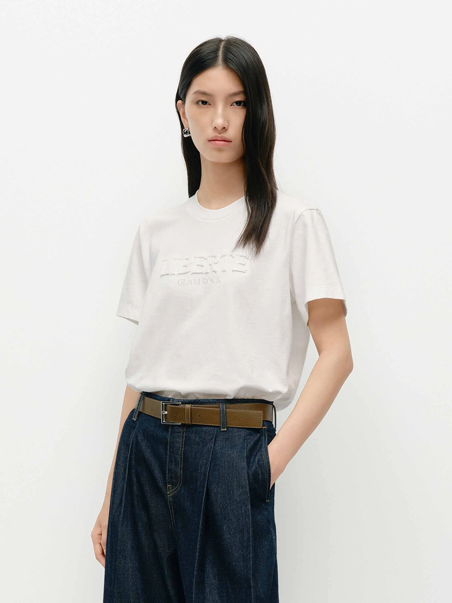 Front Letter Cotton T-shirt Soft Cotton Feel Versatile Outfit