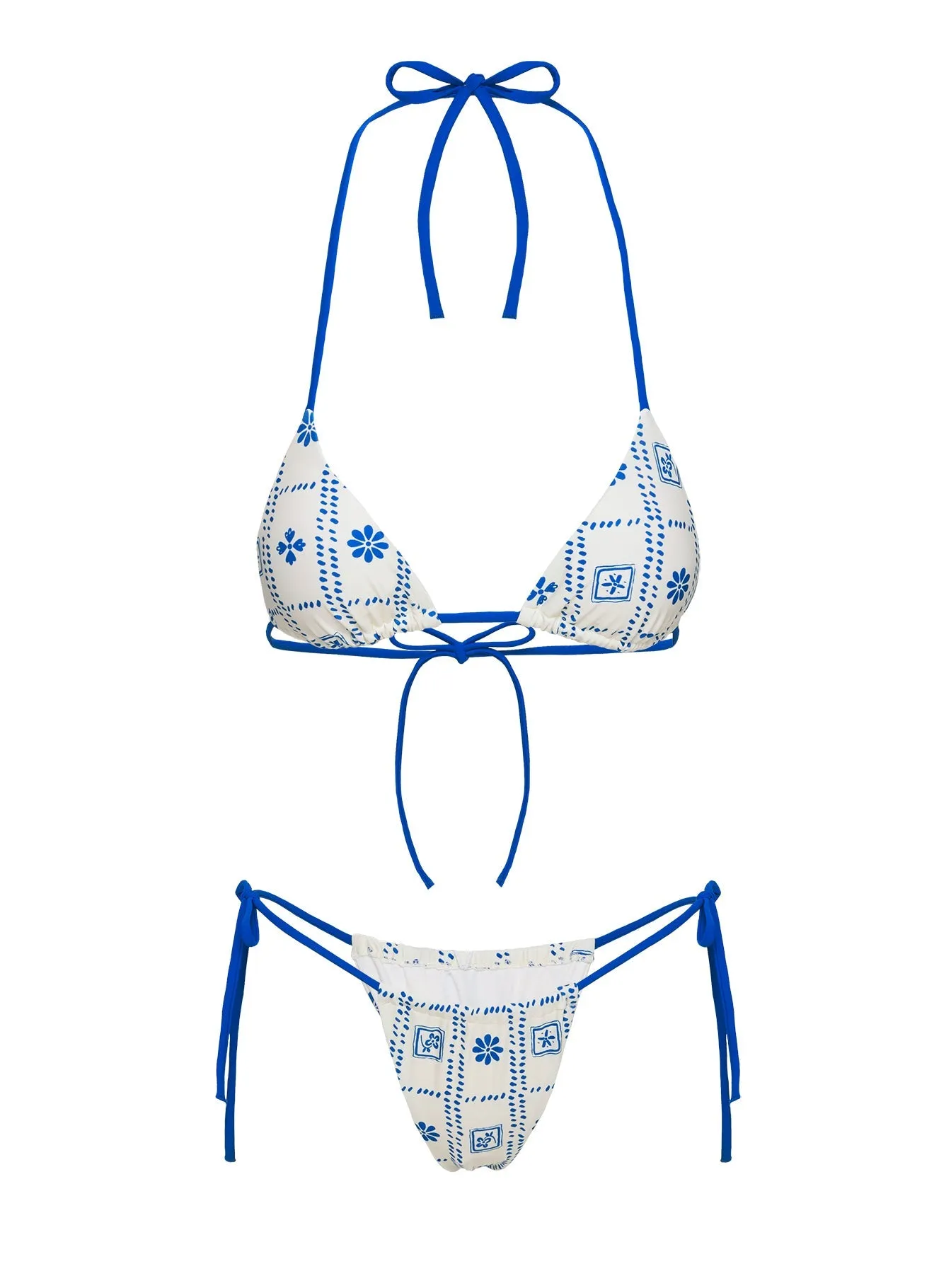 Jenner Triangle Bikini Top White / Blue Floral Roll Resistant Edges