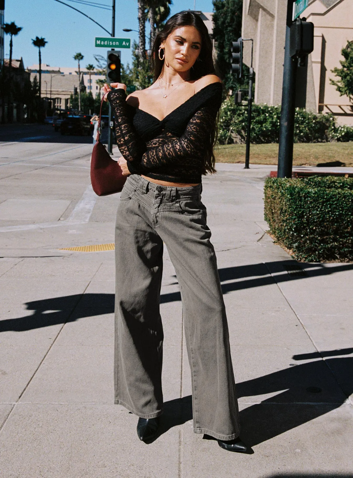 West Side Mid Rise Wide Leg Jeans Grey Wash Softened Texture Always Fits