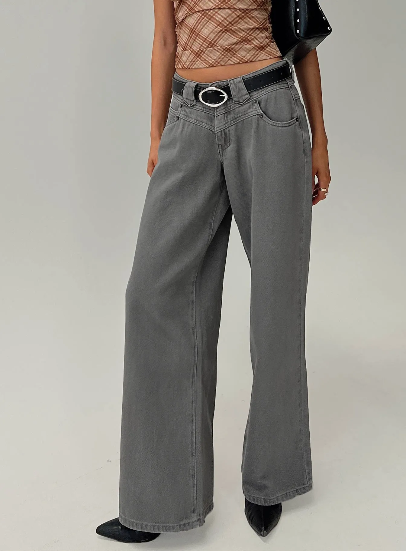 West Side Mid Rise Wide Leg Jeans Grey Wash Flat Lock Stitching comfortable option