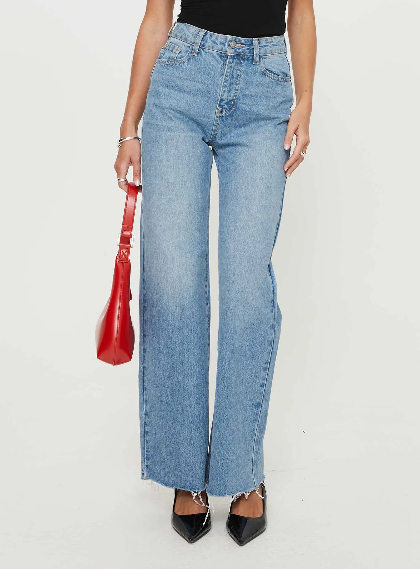 Henesey High Rise Straight Leg Jeans Mid Blue Wash Go To Outfit All Body Fit