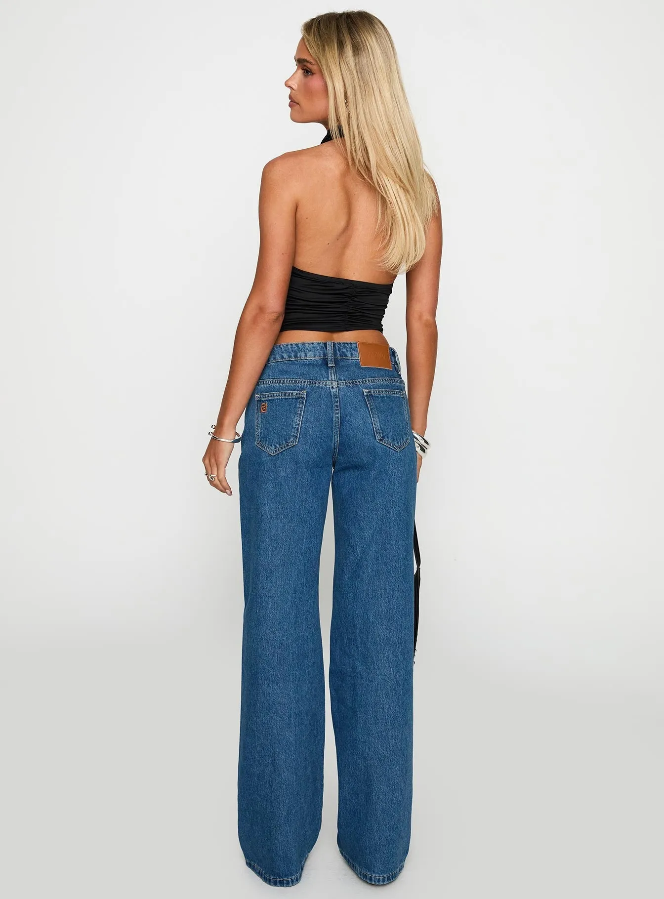 On Sunset Mid Rise Straight Leg Jeans Dark Wash Lockstitch Construction