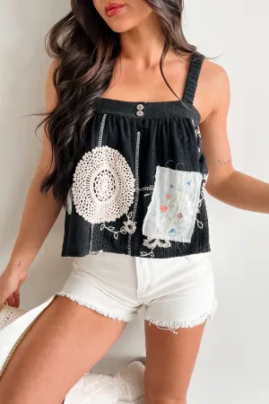 Trendsetter POL Crochet Patchwork Sleeveless Top (Black) Lightweight Performance
