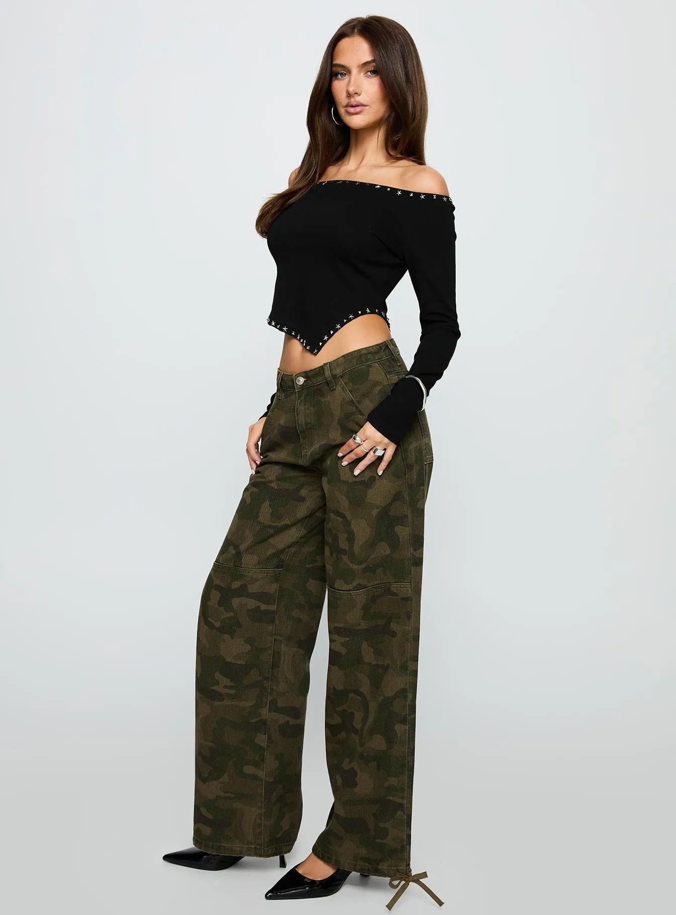Strike Out Mid Rise Wide Leg Jeans Camouflage Breathable Work Meeting Relaxed Style Everyday Layer