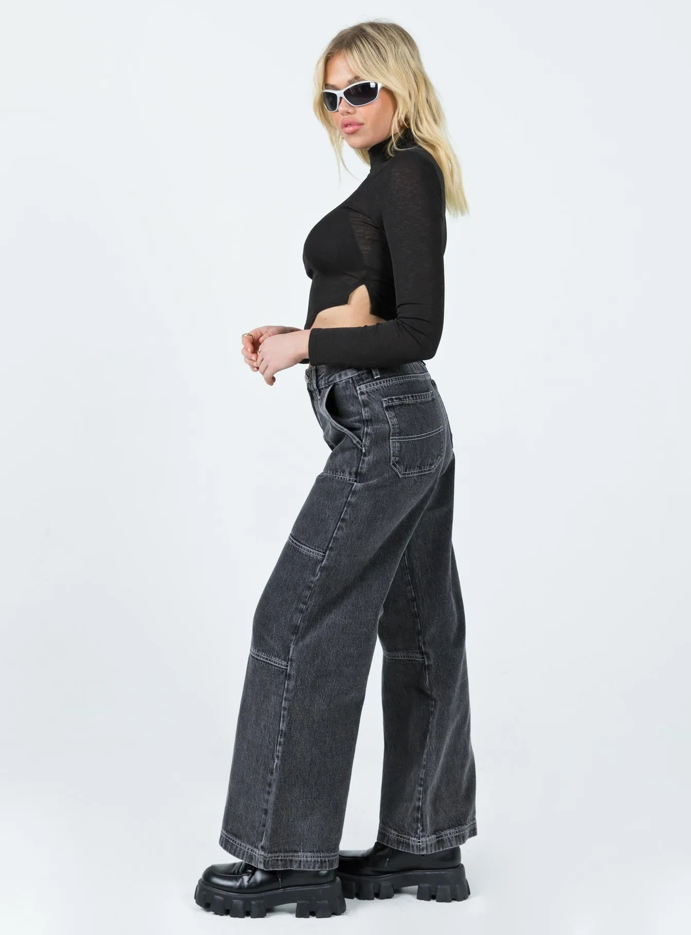 Carlia Mid Rise Jeans Grey Bartack Stitching