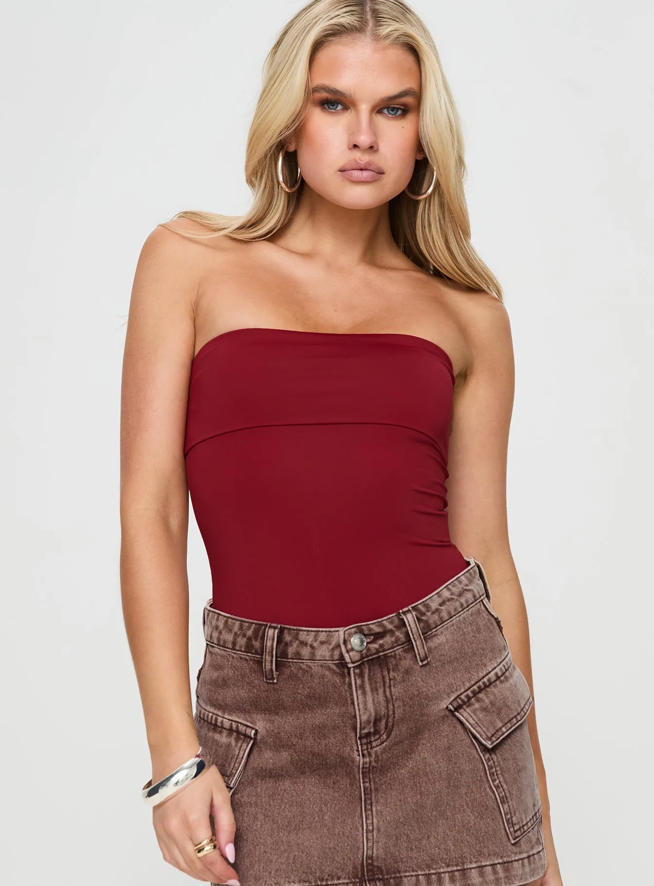 Vivid Fresh Shopping Chic Niner Strapless Bodysuit Burgundy