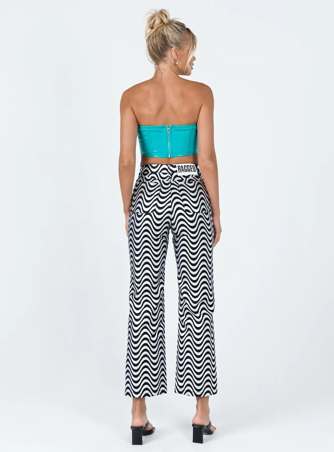 The Ragged Priest High Rise Straight Leg Wave Jeans Glitter Denim Silver / Black Night Out Parent Style
