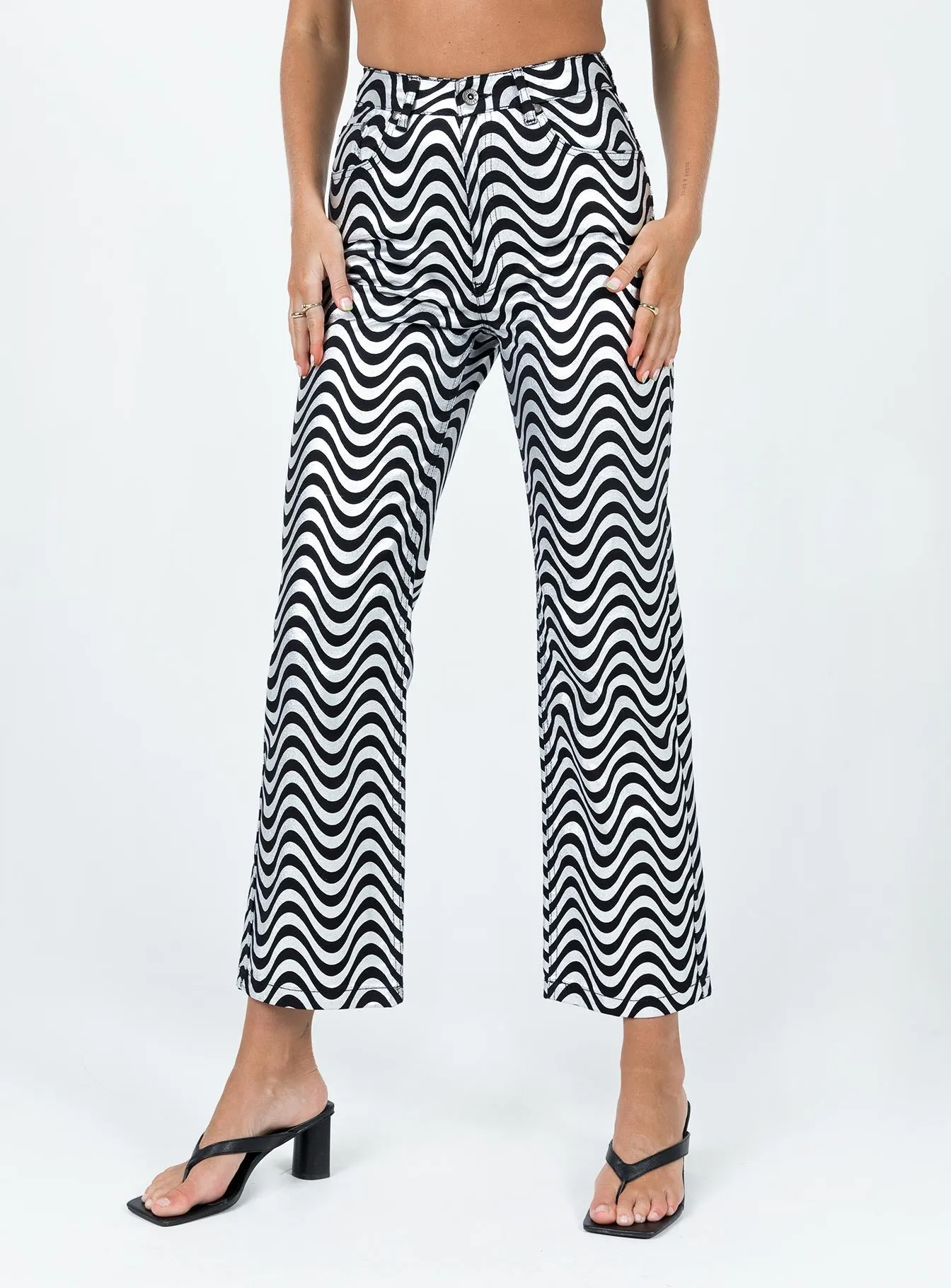Light Touch The Ragged Priest High Rise Straight Leg Wave Jeans Glitter Denim Silver / Black