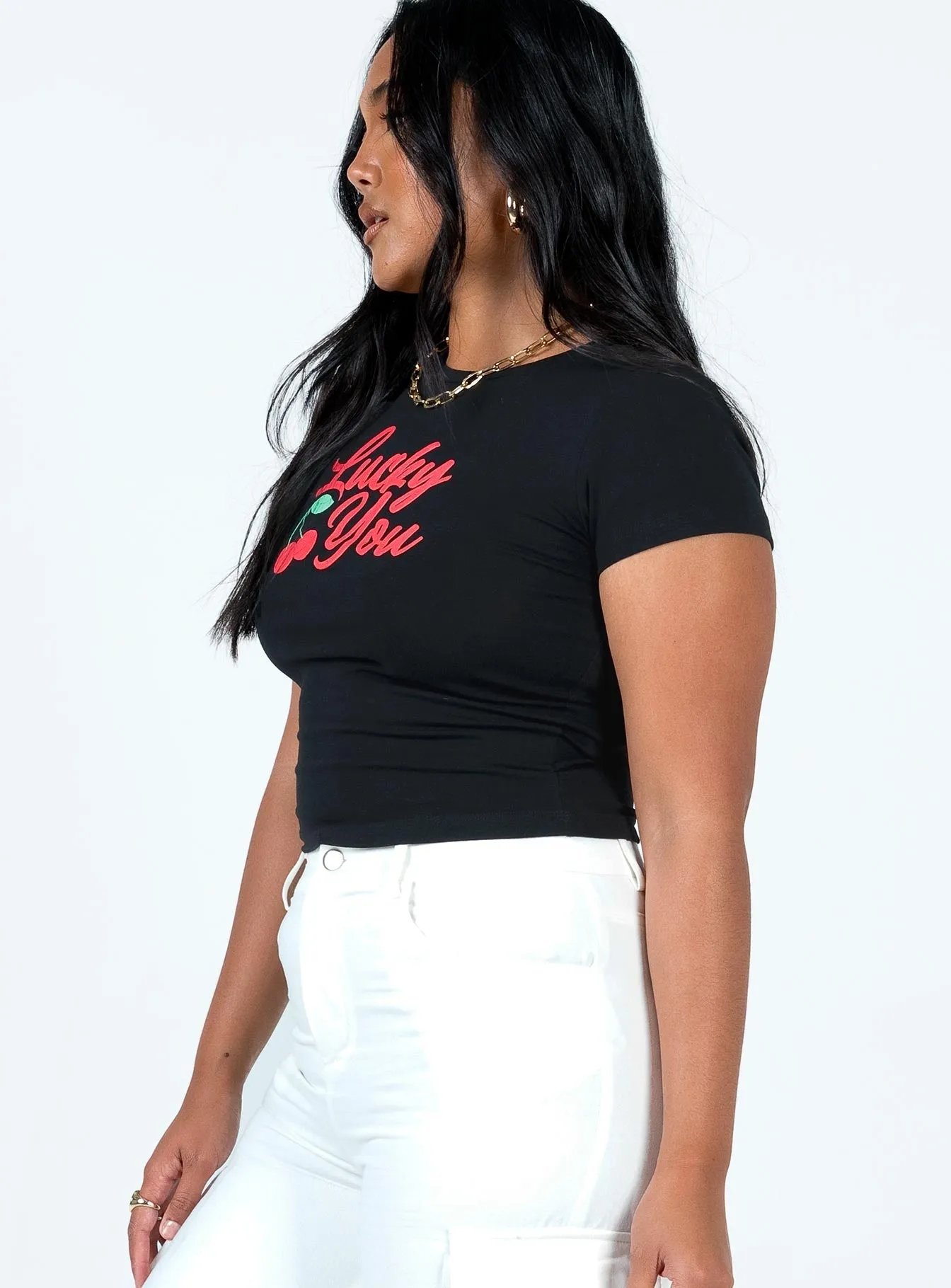 Cozy and Soft Lucky You Cherry Tee Black