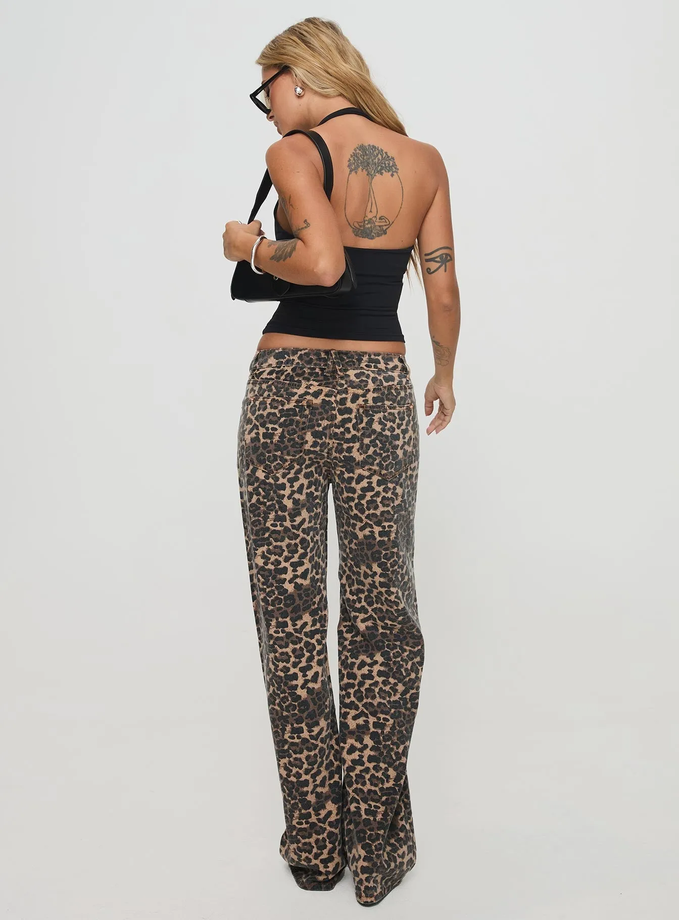 Long Wear Basic Attire Top Model Low Rise Straight Leg Jeans Leopard