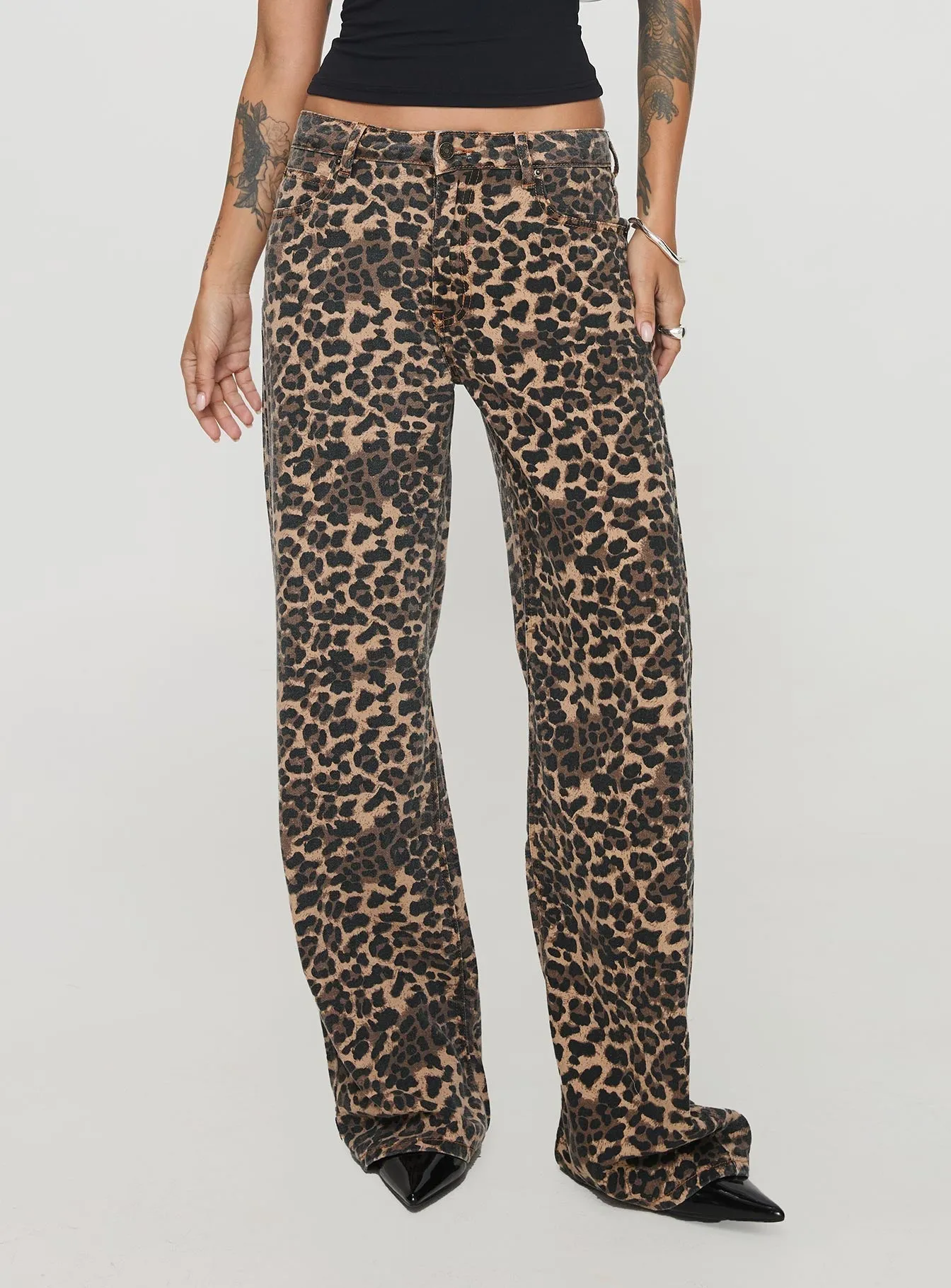 Top Model Low Rise Straight Leg Jeans Leopard Versatile Winter Warmth