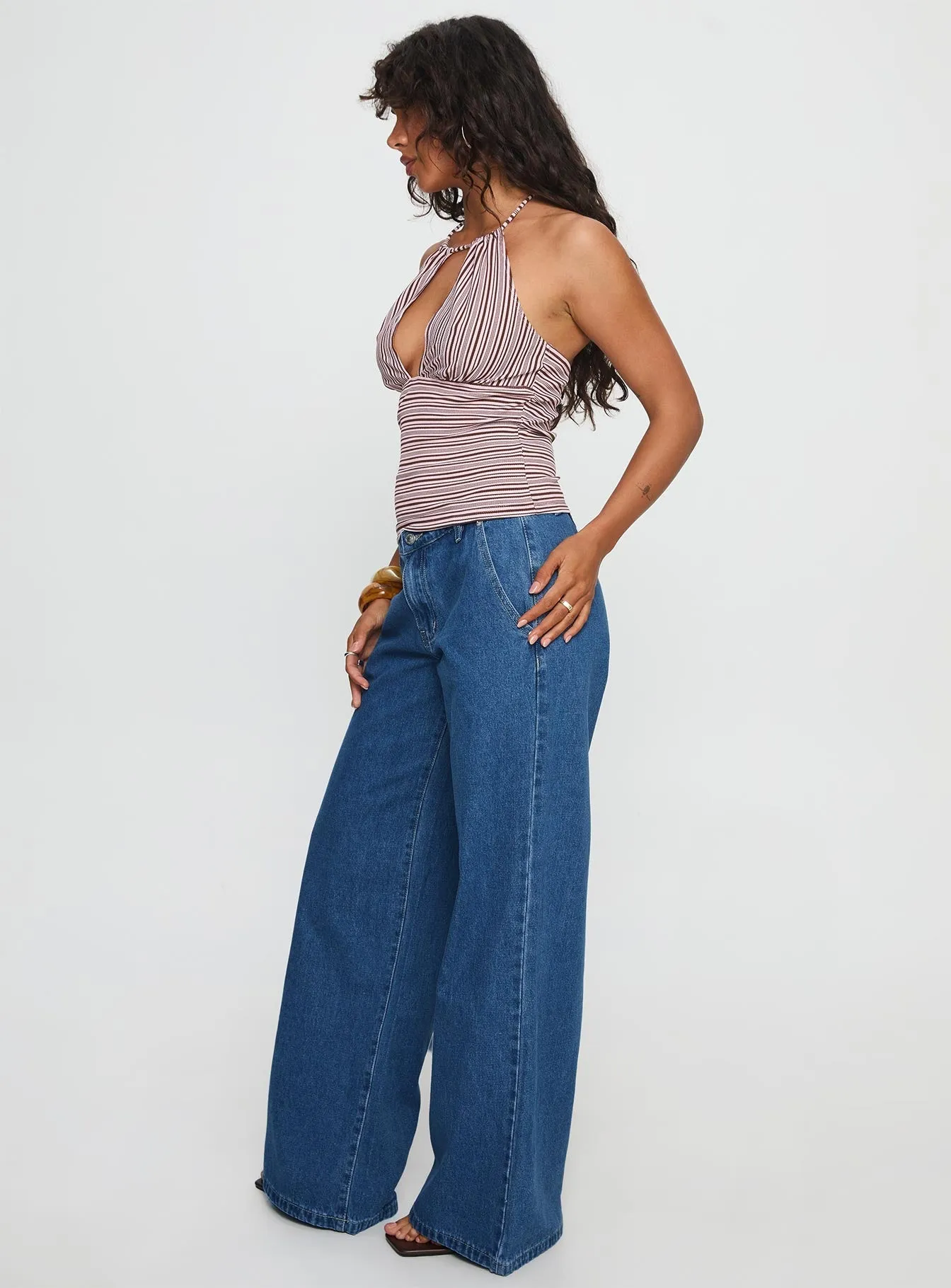 Polaris Mid Rise Straight Leg Jeans Mid Blue Textured Party Look Soft Low Impact Processing