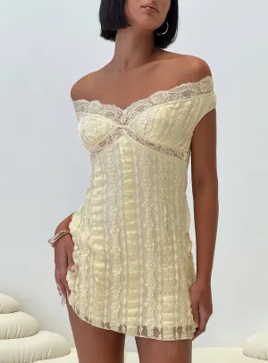 Bonnin Off The Shoulder Lace Mini Dress Yellow Cozy Comfort