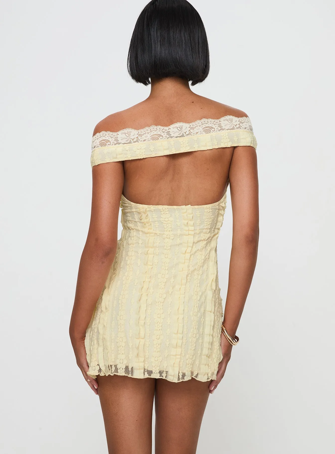 UV Protection Bonnin Off The Shoulder Lace Mini Dress Yellow