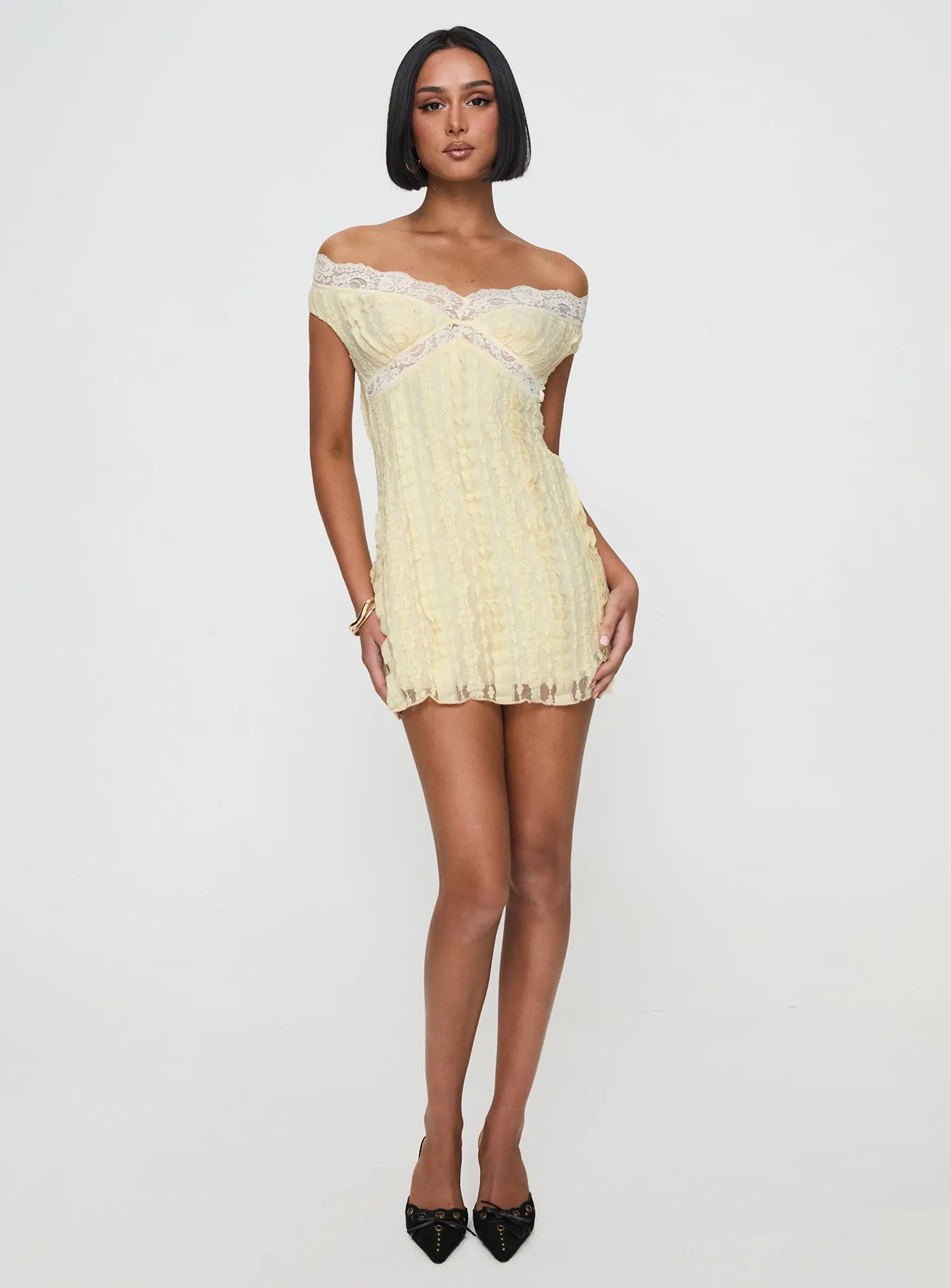 Bonnin Off The Shoulder Lace Mini Dress Yellow Full Circle Skirt Pattern Fun Shine