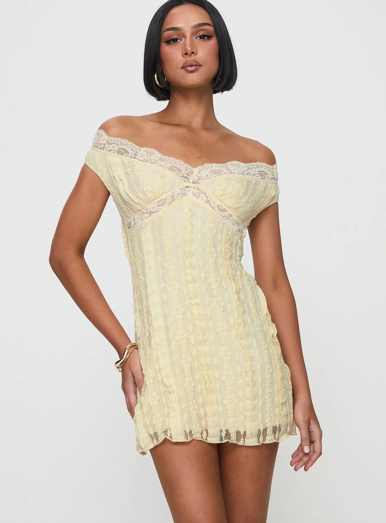 Bonnin Off The Shoulder Lace Mini Dress Yellow On The Go Look Timeless Fashion