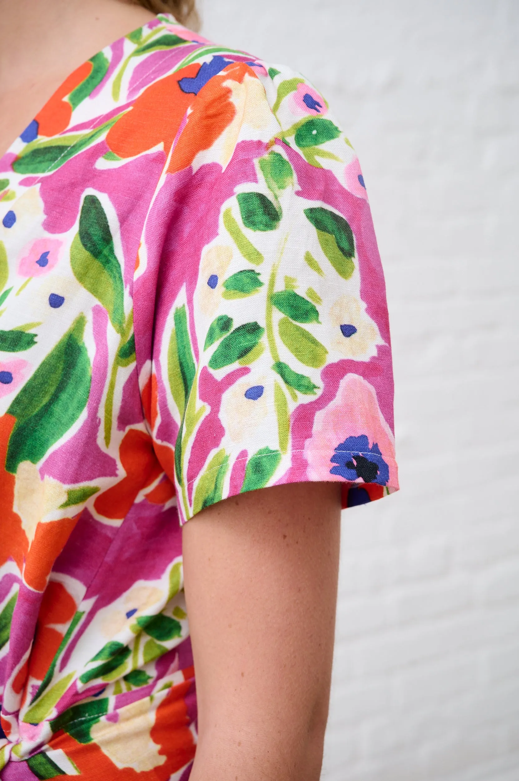 Linen Wrap Dress in Watercolour Floral AdjustableWaist