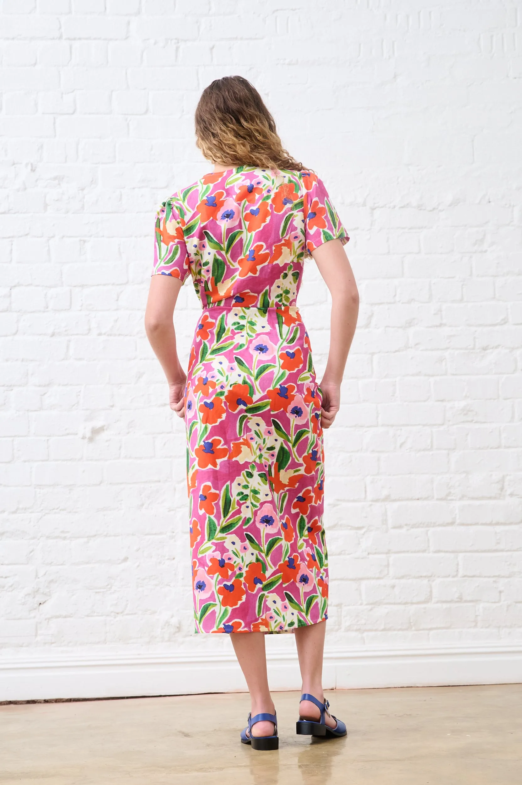 Fable Core Linen Wrap Dress in Watercolour Floral