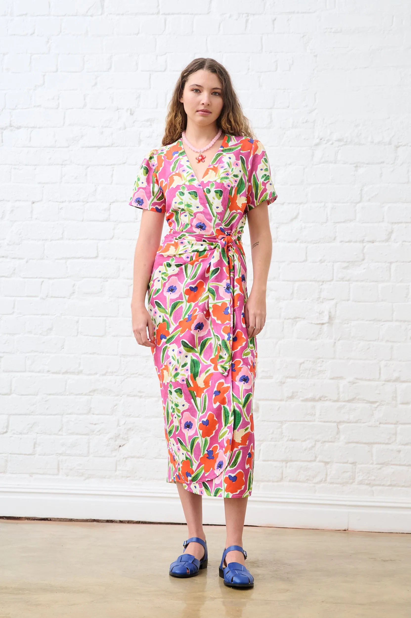 Linen Wrap Dress in Watercolour Floral pack light