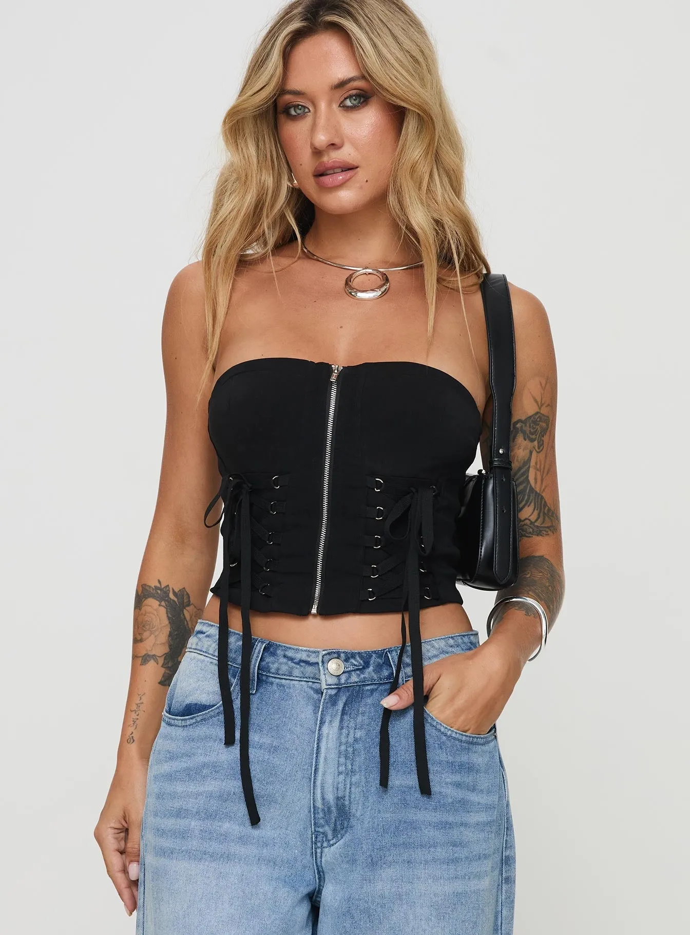 Pinkman Strapless Top Black MeshPanel Linen Blend Fabric