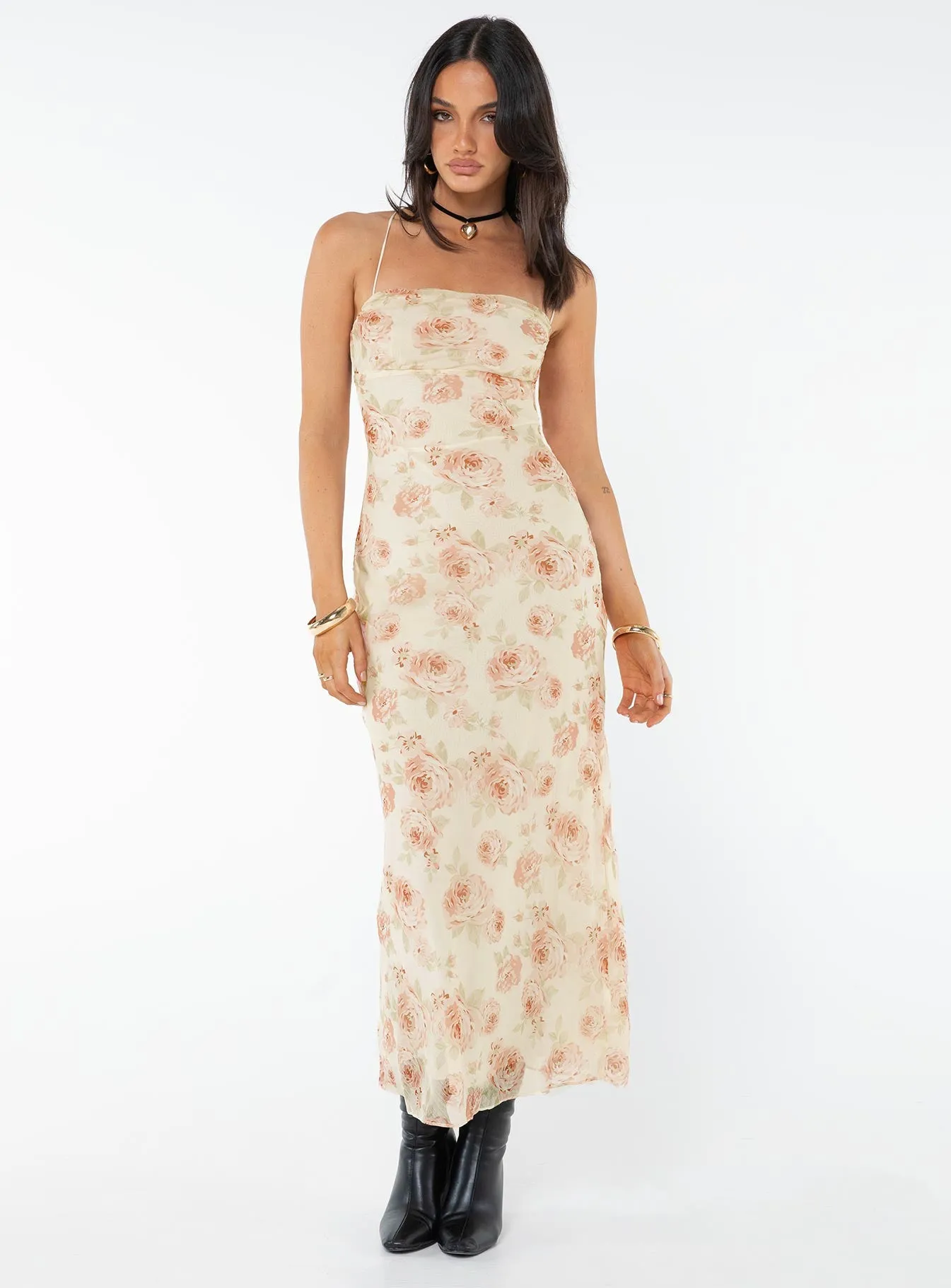 Layer Art Goddess Glow Cartian Strapless Maxi Dress Cream / Pink Floral
