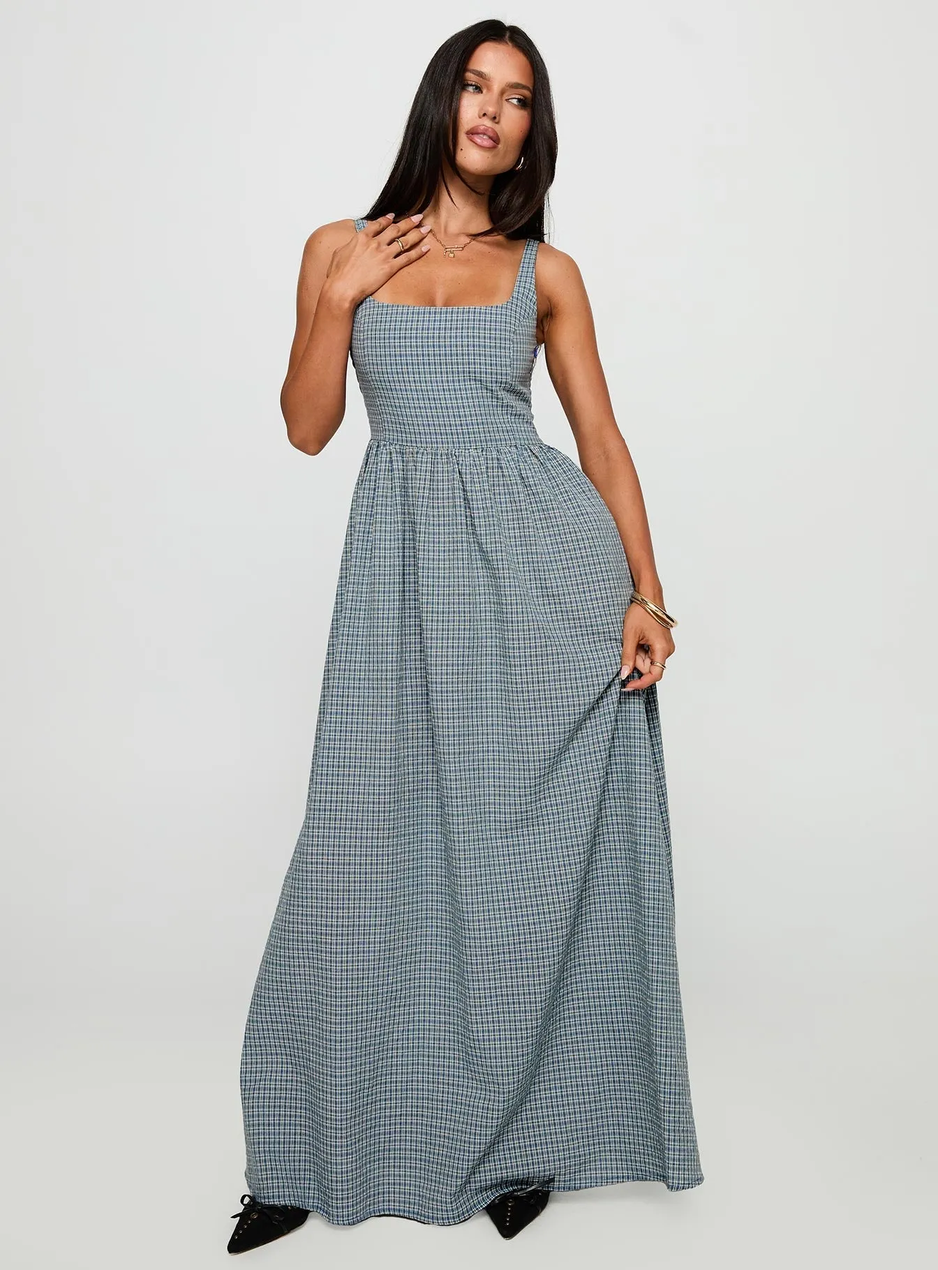 Cartmel Check Maxi Dress Navy Emerald Glow Formal outdoor event dress