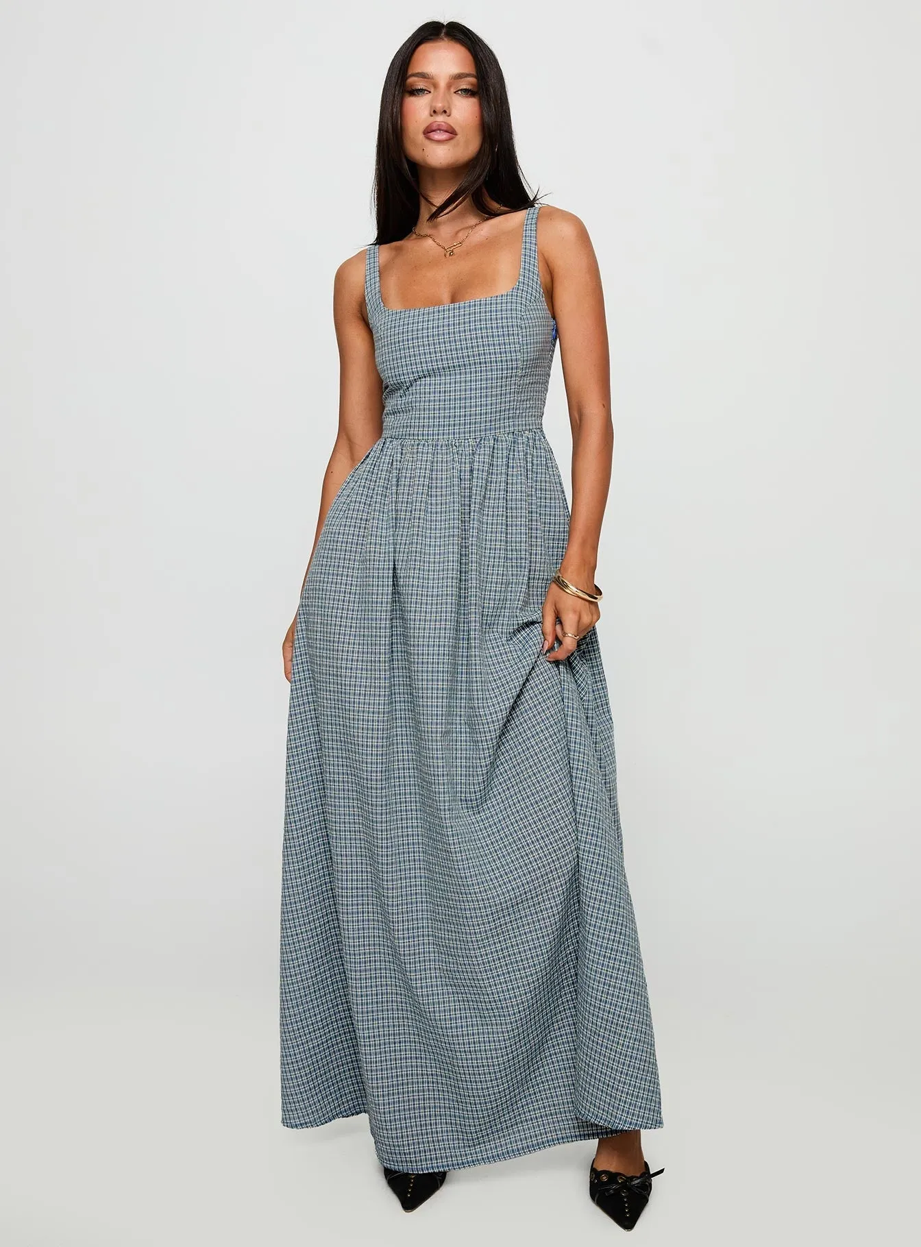 The flattering cut of this dress creates a polished appearance without being overly fussy Cartmel Check Maxi Dress Navy
