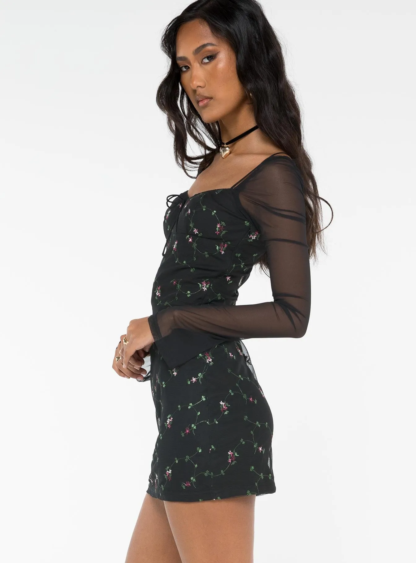 Floral Appeal Tear Resistant Quinny Long Sleeve Mini Dress Black