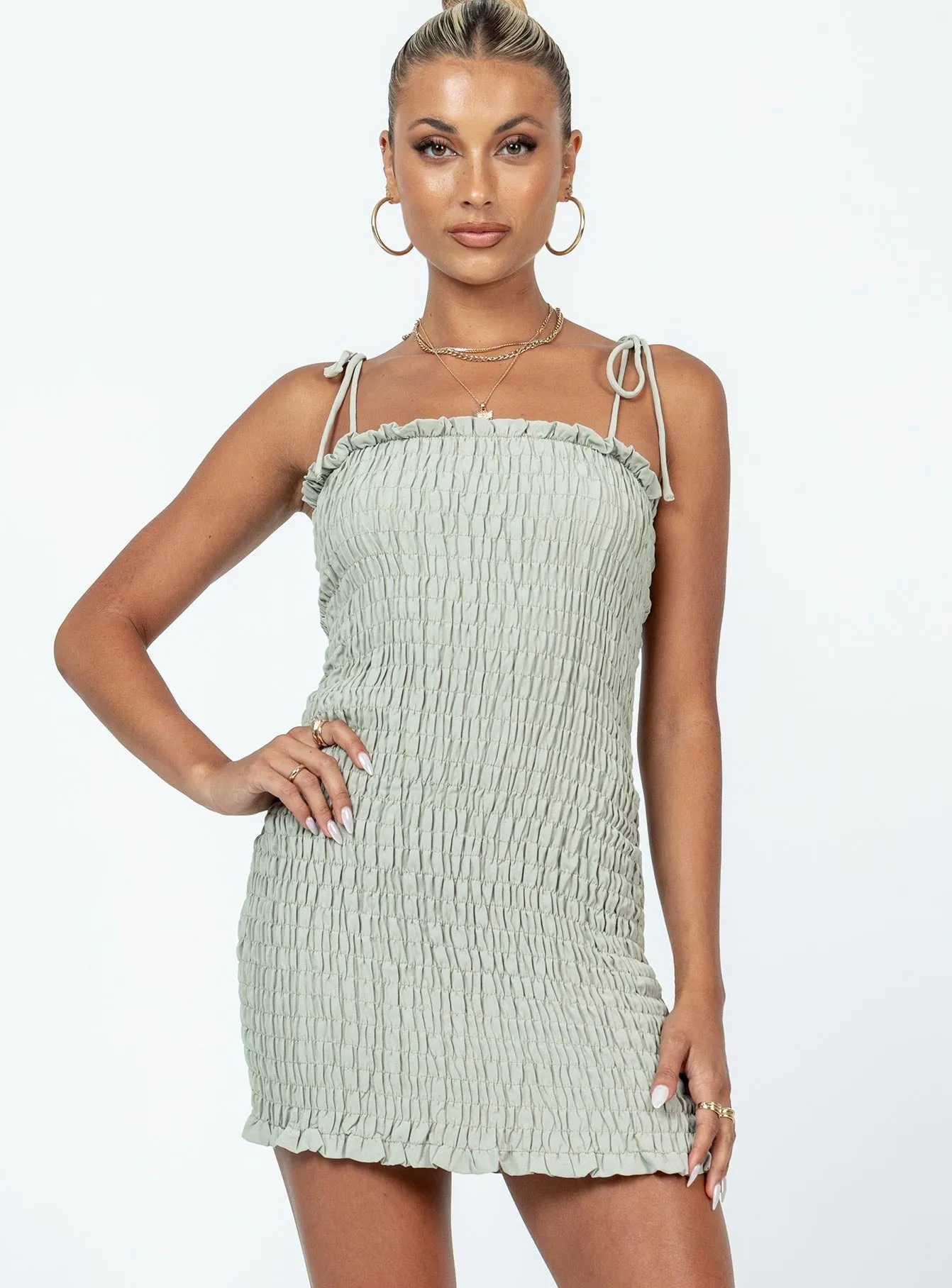 Weekend Vibe Pleated Texture Effect Sherry Mini Dress Sage