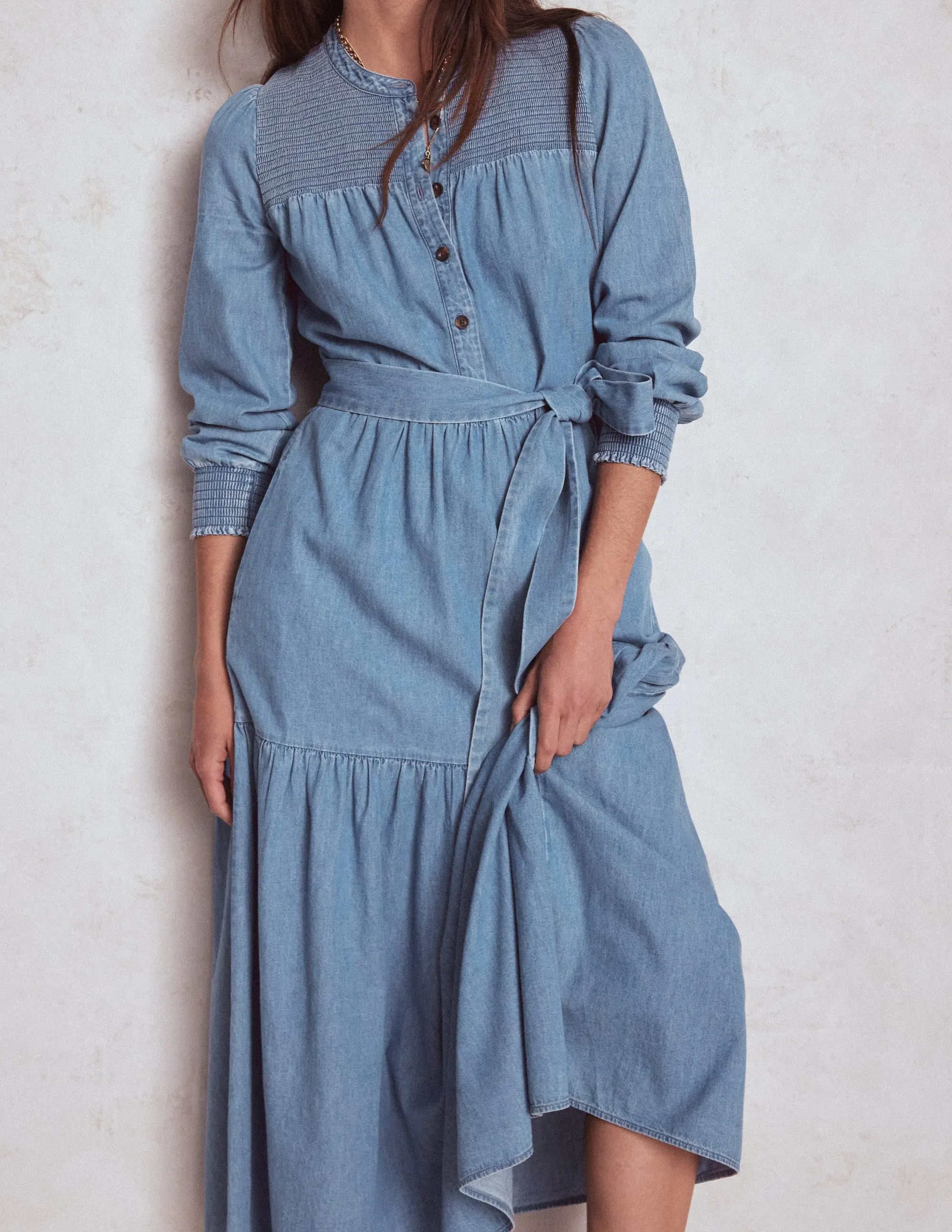 Cecily Denim Midi Dress-Light Vintage Denim Italian Flair Rainbow Arc