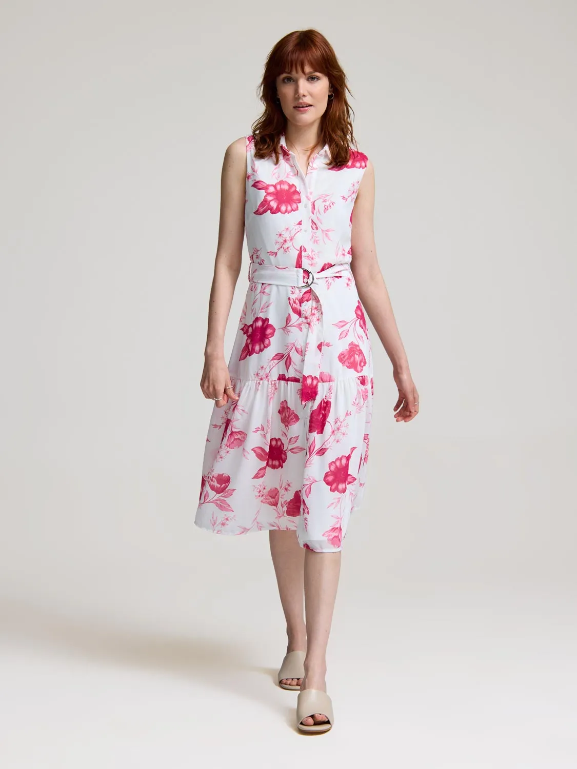 Comfortable Design Sleeveless Floral Button-Front Chiffon Dress