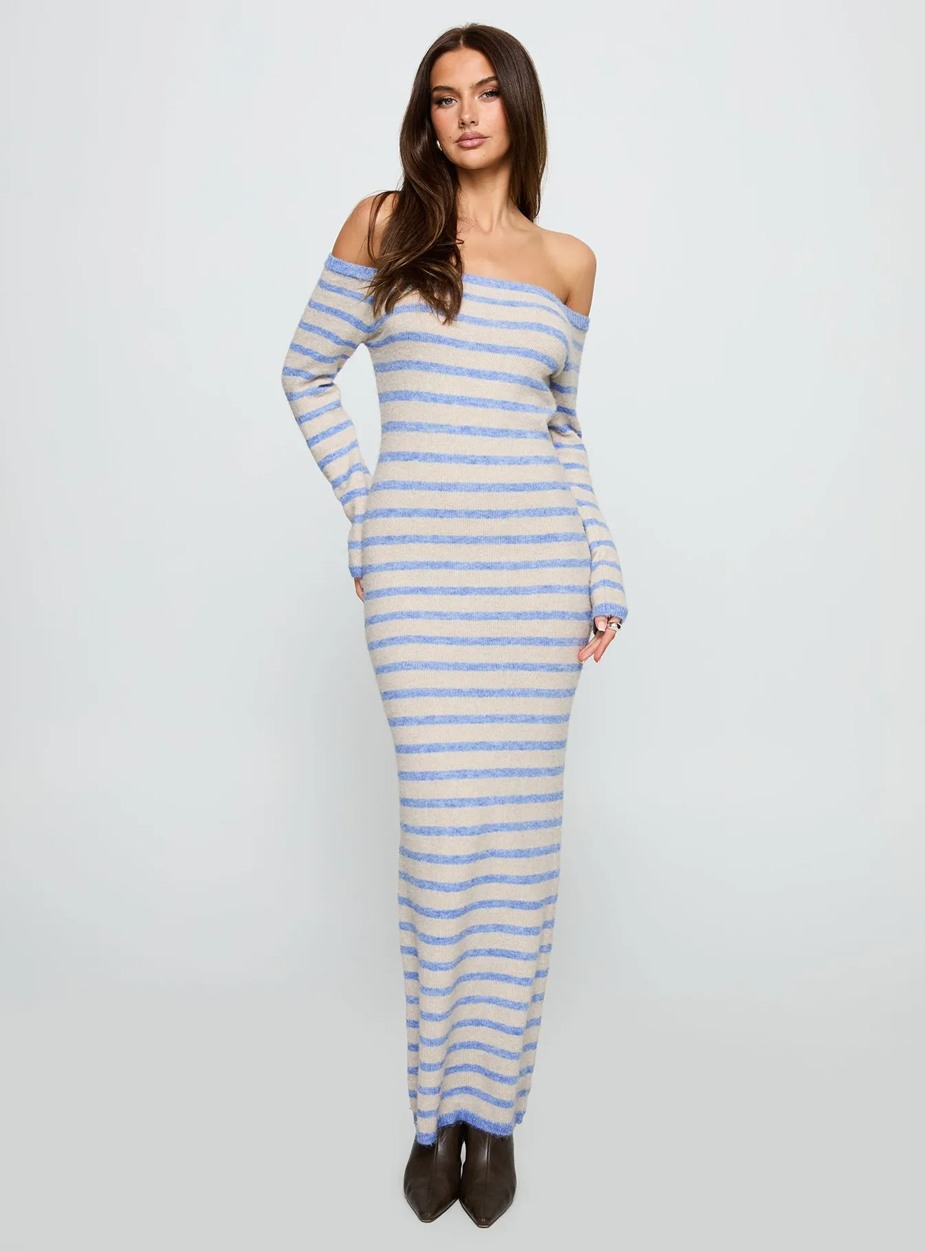 Korra Long Sleeve Maxi Dress Blue Stripe With its elegant design this maxi dress can be styled for a variety of events from casual to formal Formal outdoor event dress