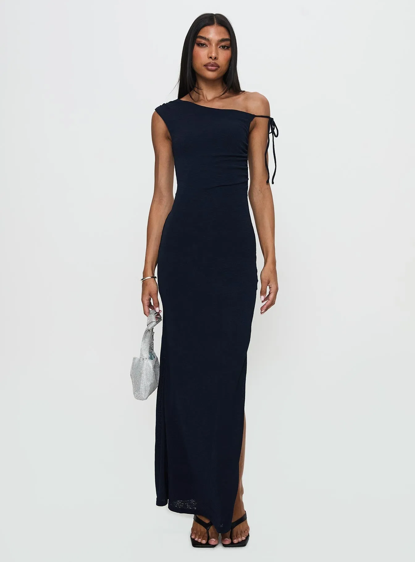 Paislee Asymmetrical Maxi Dress Navy Shell Glow