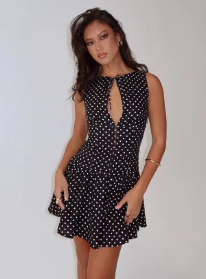 Alissea Keyhole Linen Blend Mini Dress Black Polka Elasticized Cuff Design