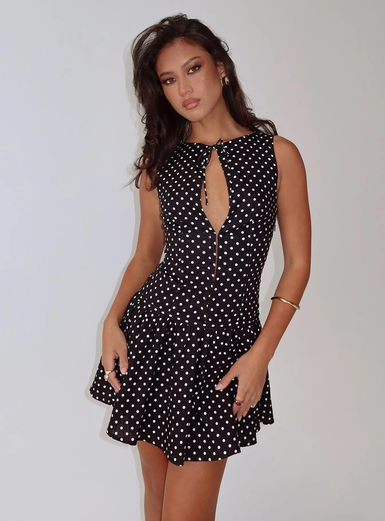Alissea Keyhole Linen Blend Mini Dress Black Polka Elasticized Cuff Design