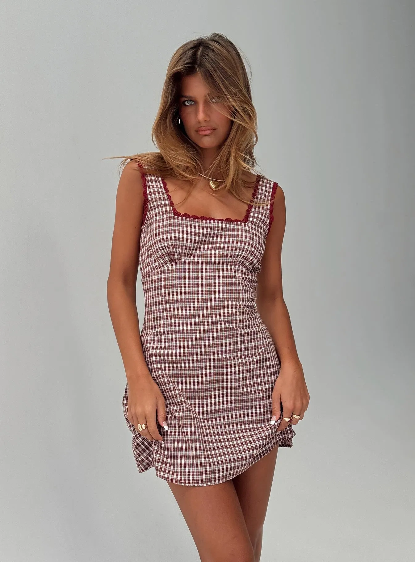 Dasha Mini Dress Red Check Petite Flattering mini dress for all shapes Easy Care Fabric