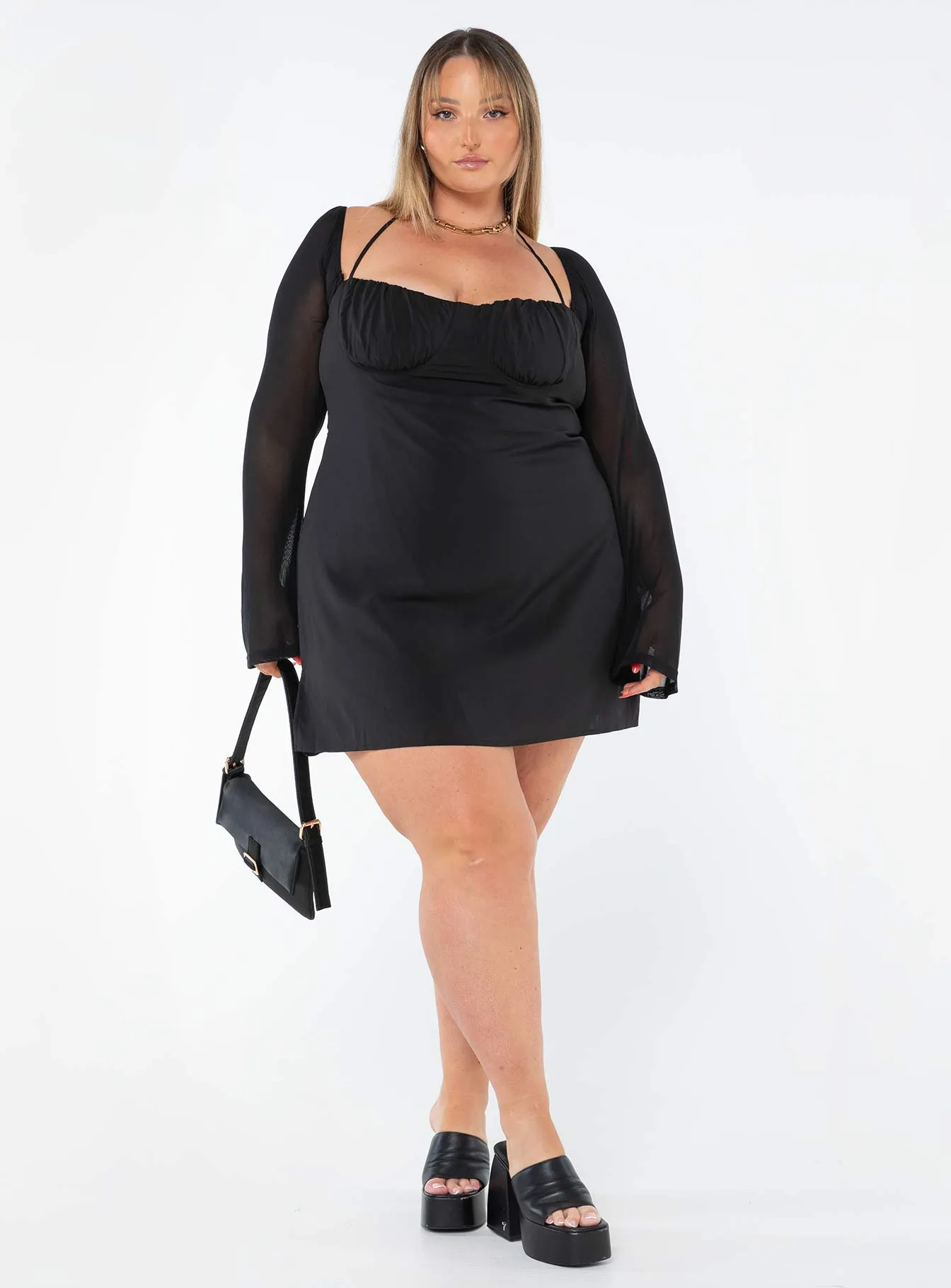 Dyer Sheer Sleeve Mini Dress Black Curve Daring Mode Shine Pop
