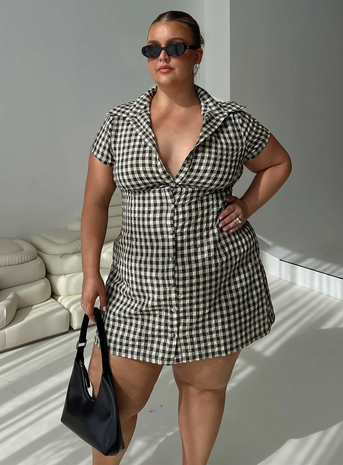 Motley Mini Dress Brown Check Curve Invisible Zipper Closure