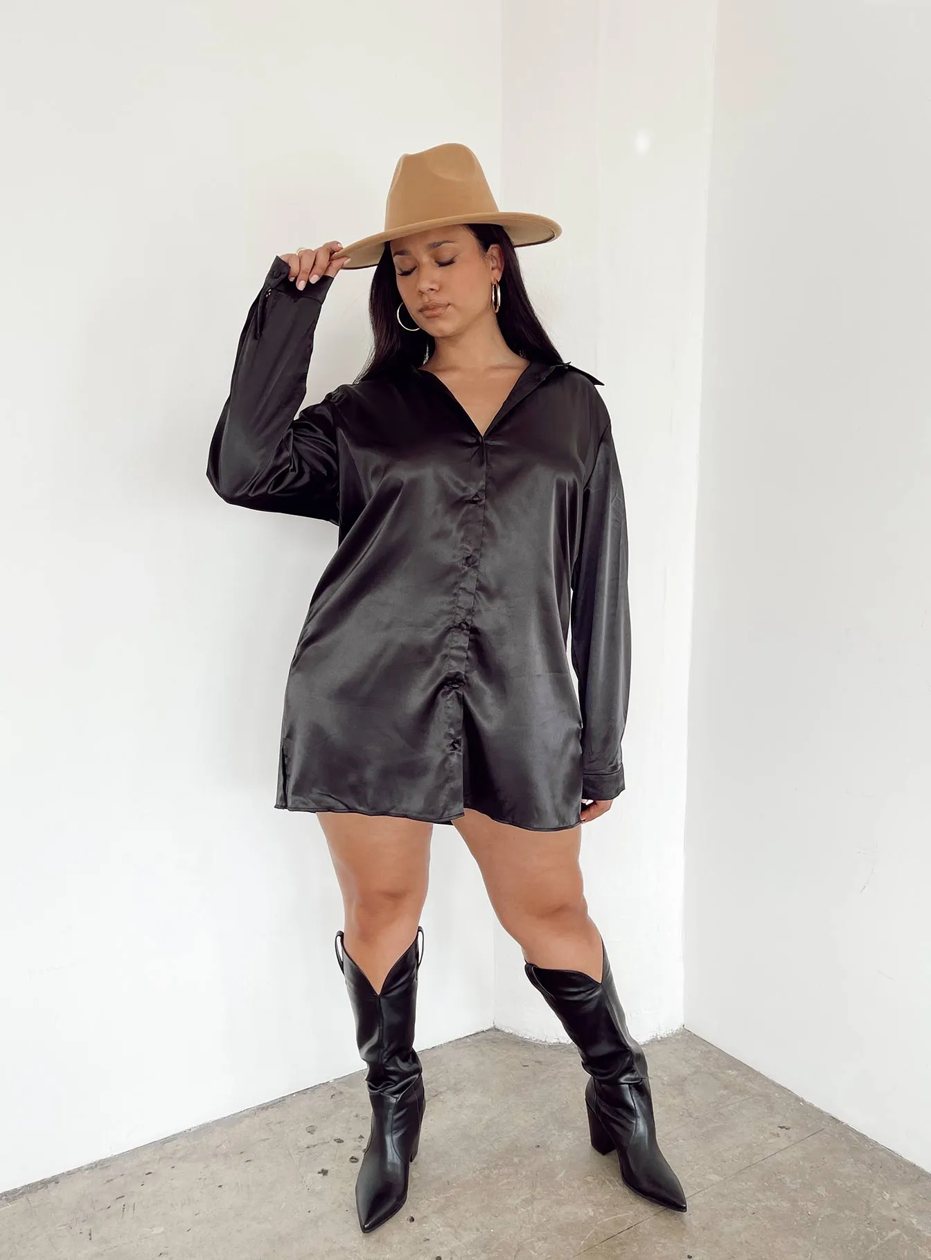 90210 Satin Shirt Mini Dress Black Curve Chic Outfit Trendy Edge